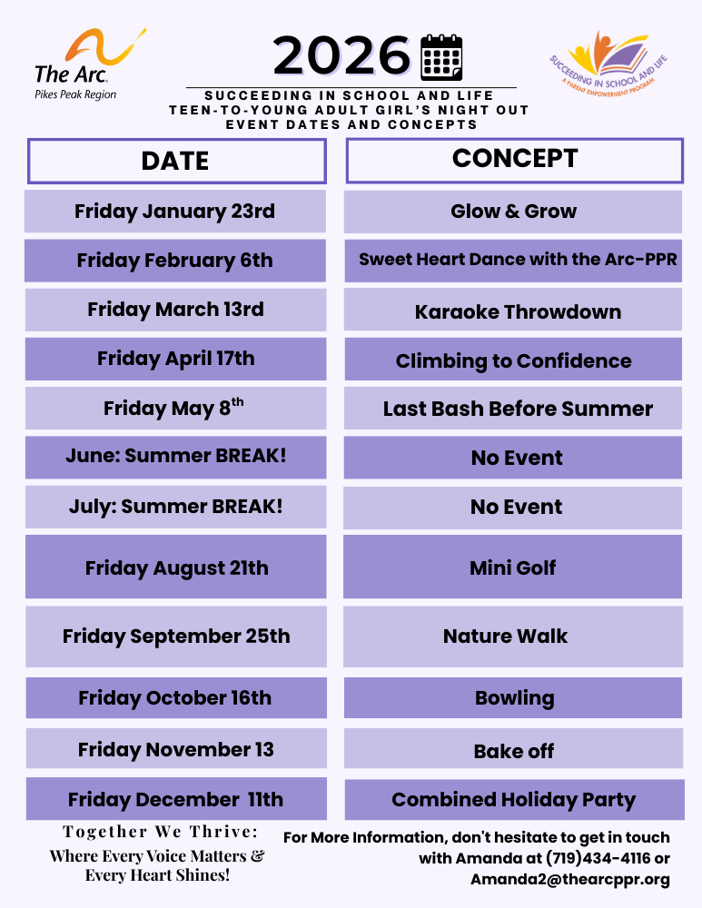 2026 Succeeding in School and Life Teen Girls' Night Out schedule of monthly event dates and concepts