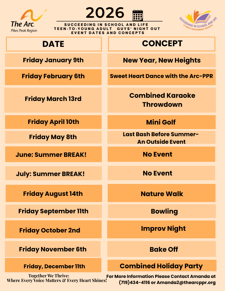 2026 Succeeding in School and Life Teen Guys' Night Out schedule of monthly event dates and concepts