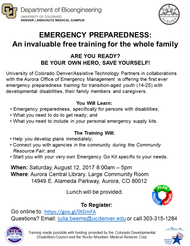 Family Emergency Preparedness Training, Saturday, August 12, 8 am - 5 pm, Aurora Central Library, Large Community Room, 14949 E. Alameda Parkway Aurora, CO 80012